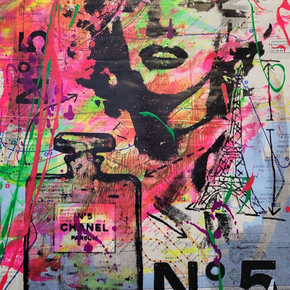💋 Handpainted  Marilyn Monroe Chanel Acrylic Art Painting on NYC Subway Map - Picture 7 of 7